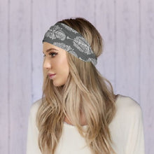 Load image into Gallery viewer, Stunning Silver Gray and White Paisley Fabric Headband