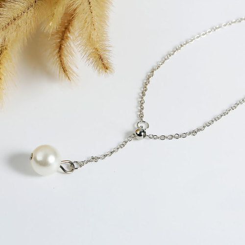 Y Shaped Lariat Faux Pearl Necklace Pendant with Silver Tone Chain