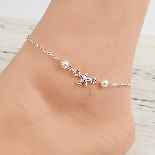 White Starfish Imitation Pearl Silver Tone Anklet